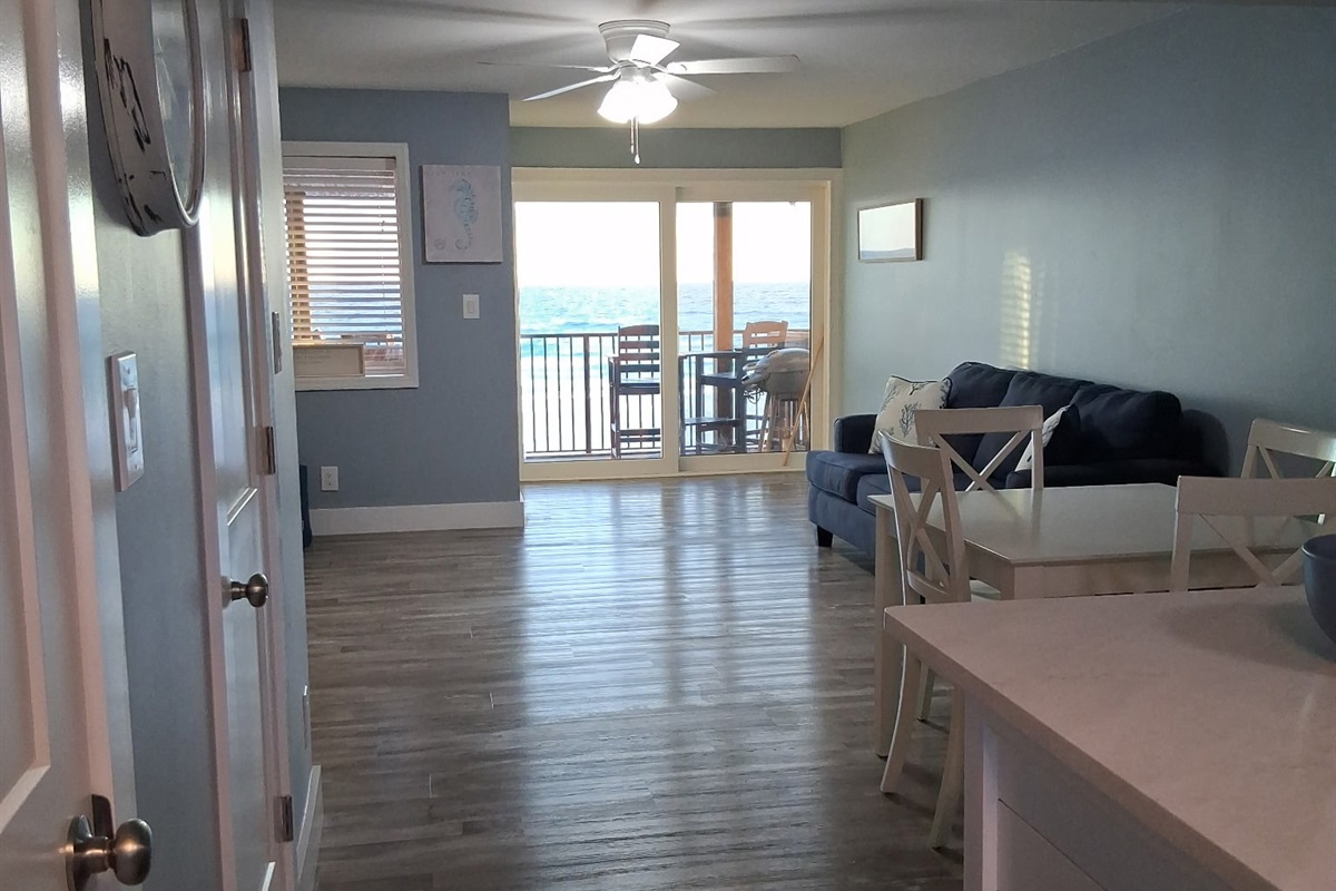 2nd Floor has the Primary Living Space featuring Gulf Views, All New Leather Furniture, a 75" Smart TV, Remodeled Kitchen, Dining Space, Half Bath - NEW PHOTOS COMING SOON!