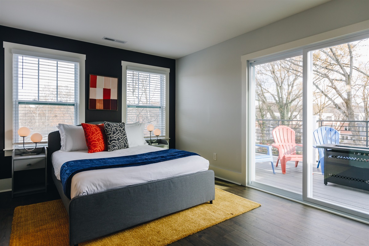The upstairs queen bedroom has its own private terrace with firepit 