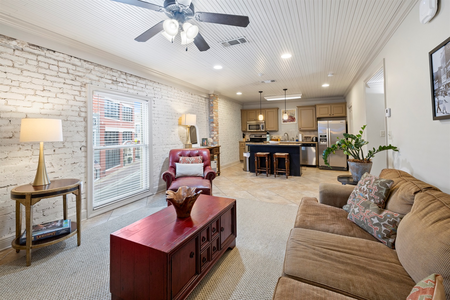 Living room overlooking Historic Downtown — walk to shops and restaurants.