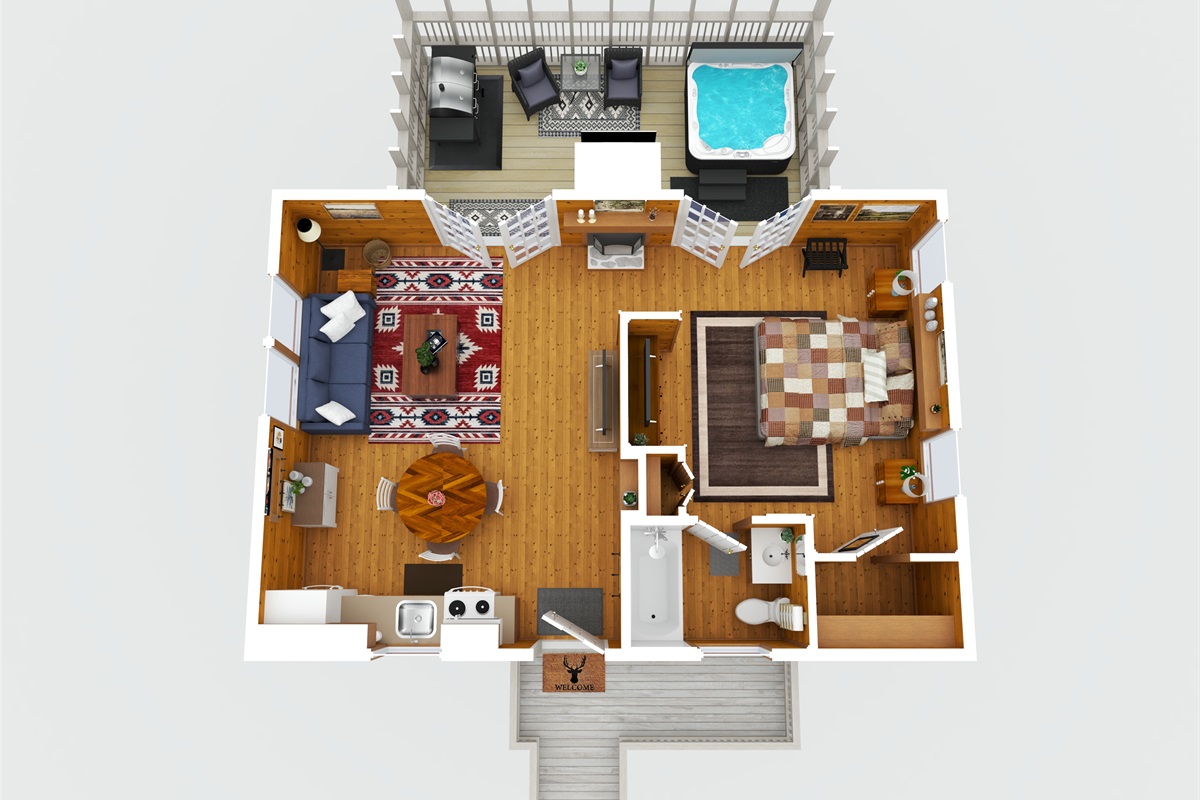 Get the full layout at a glance! This 3D floorplan of Deer Ridge Cabin makes it easy to visualize the cozy open living space, spacious bedroom, full bath, and private screened-in deck with a h