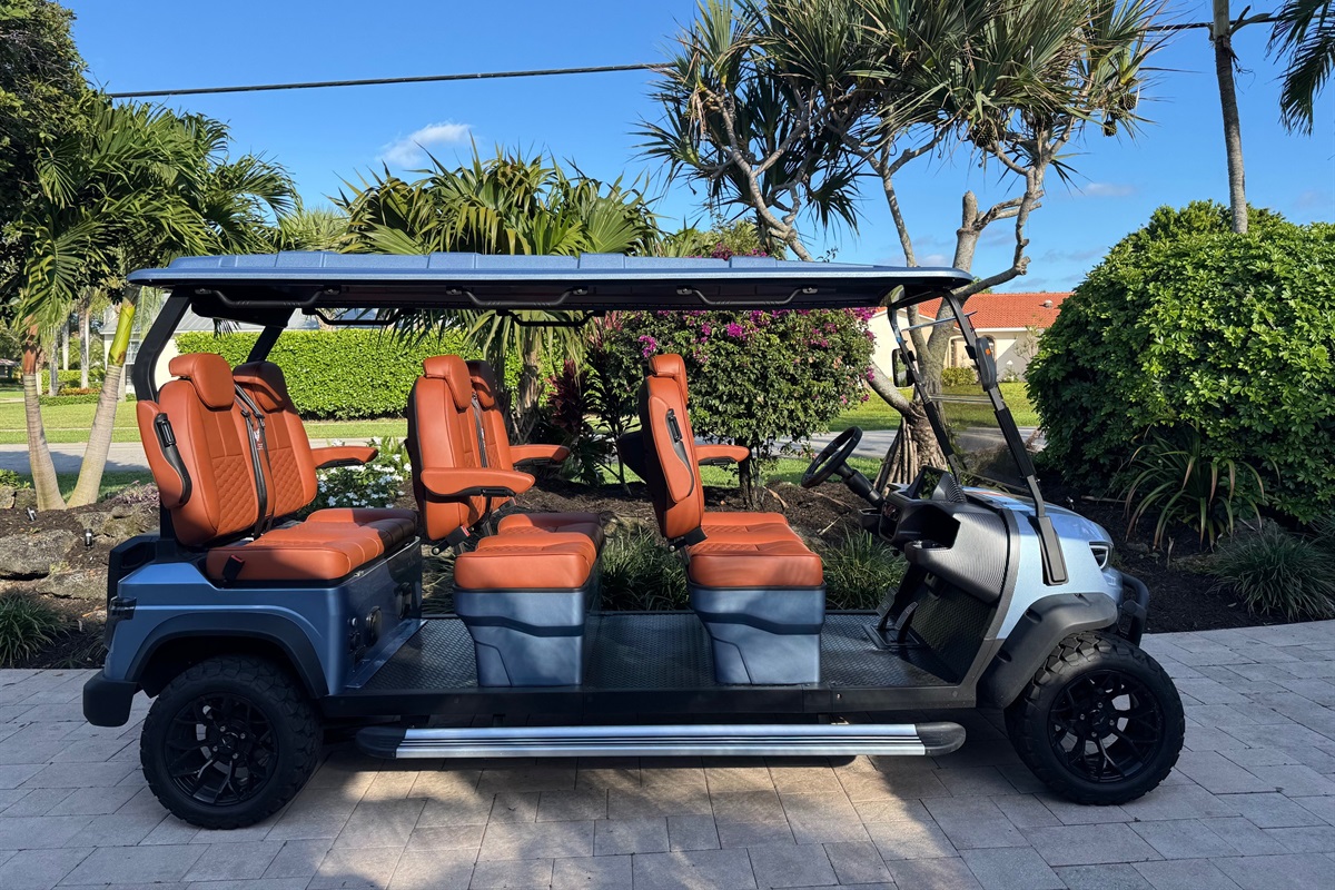 Sleek 6-passenger golf cart with comfortable seating, easy for getting around the area (requires a $2,000 credit card hold).