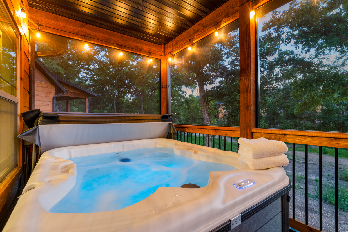 A warm soak under twinkling lights, the Ozark night just getting started.