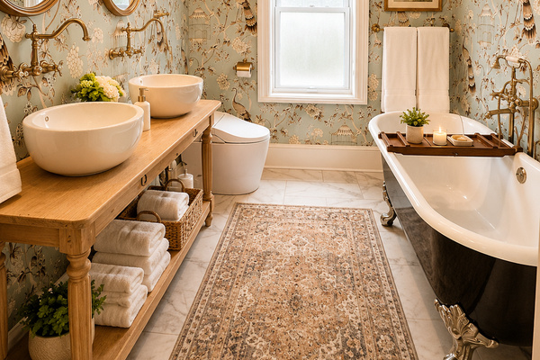 Elegant upstairs guest bathroom featuring a vintage clawfoot soaking tub, double vessel sinks, and timeless designer details. Rich wallpaper, plush towels, and classic fixtures create a spa-like retreat perfect for relaxing after a day of exploring.