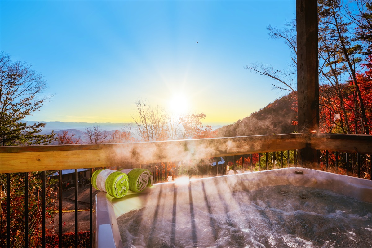Hot tub with fresh towels and a stunning hilltop view. Your private soak with scenery.