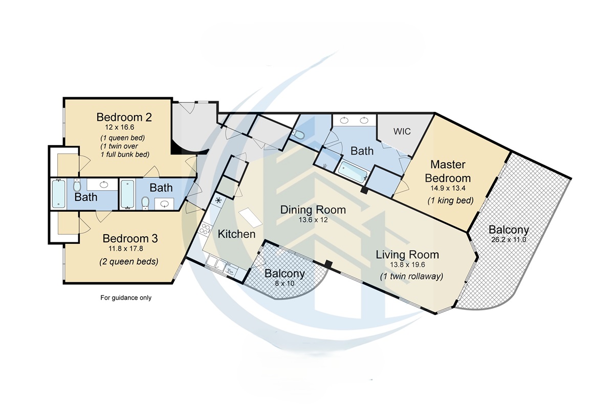 Unit 1208 floor plan with beds.