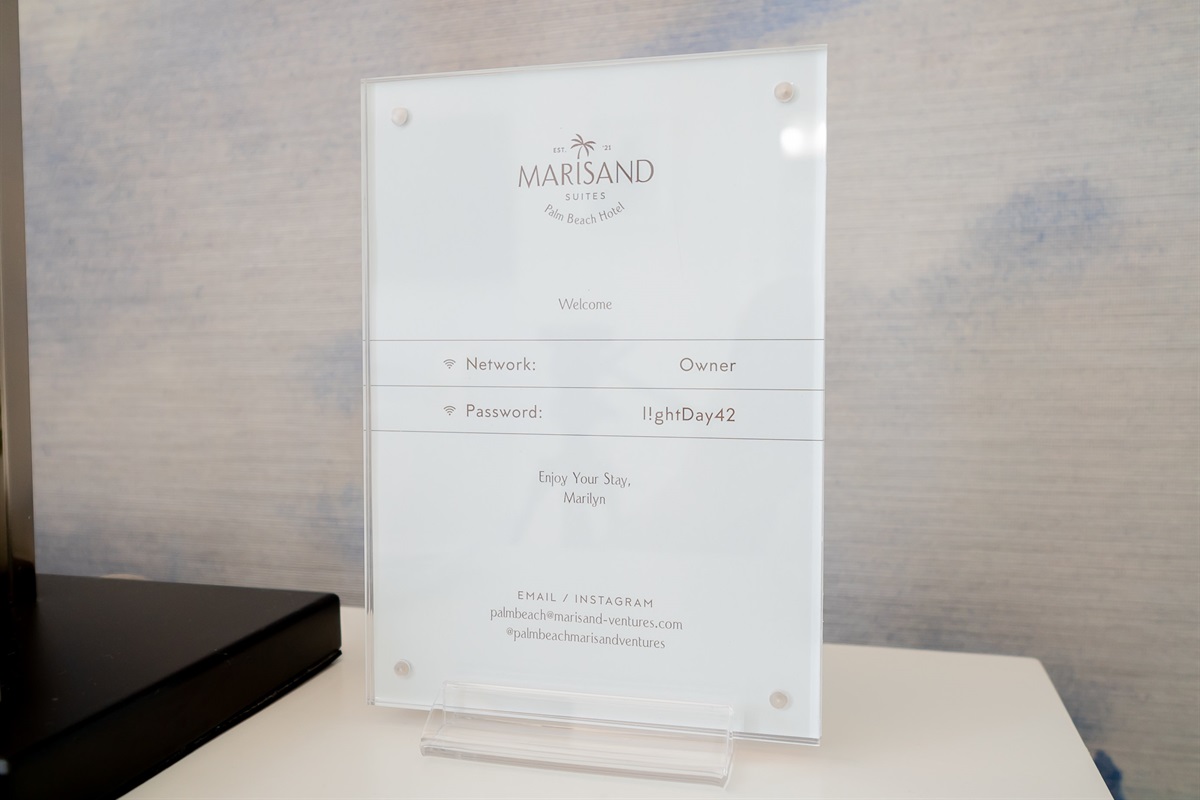 Wifi placard. Also follow Marisand Suites on Instagram.