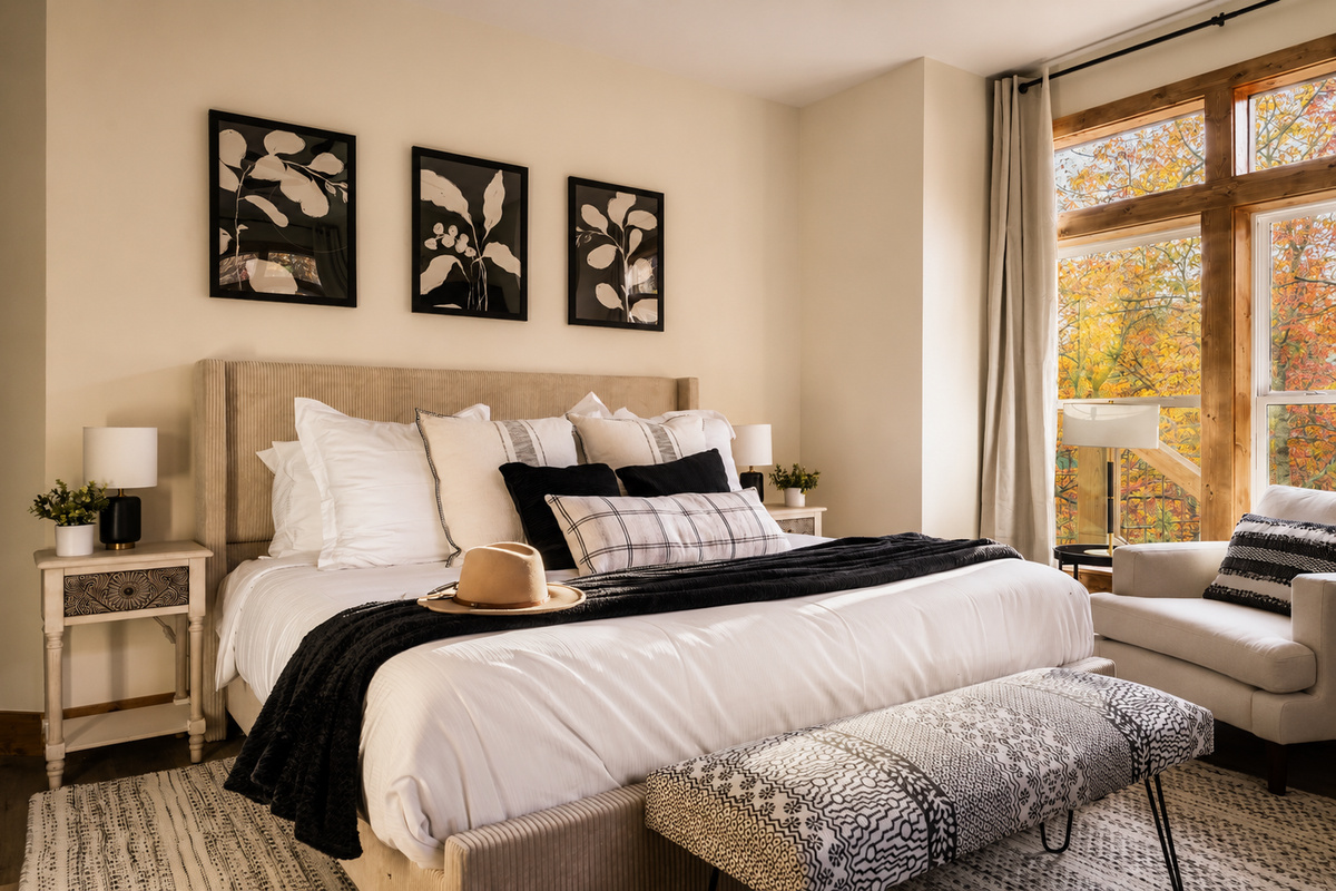 The first of our luxurious king bedrooms is easily accessed- it's at the front of the cabin, on the main floor