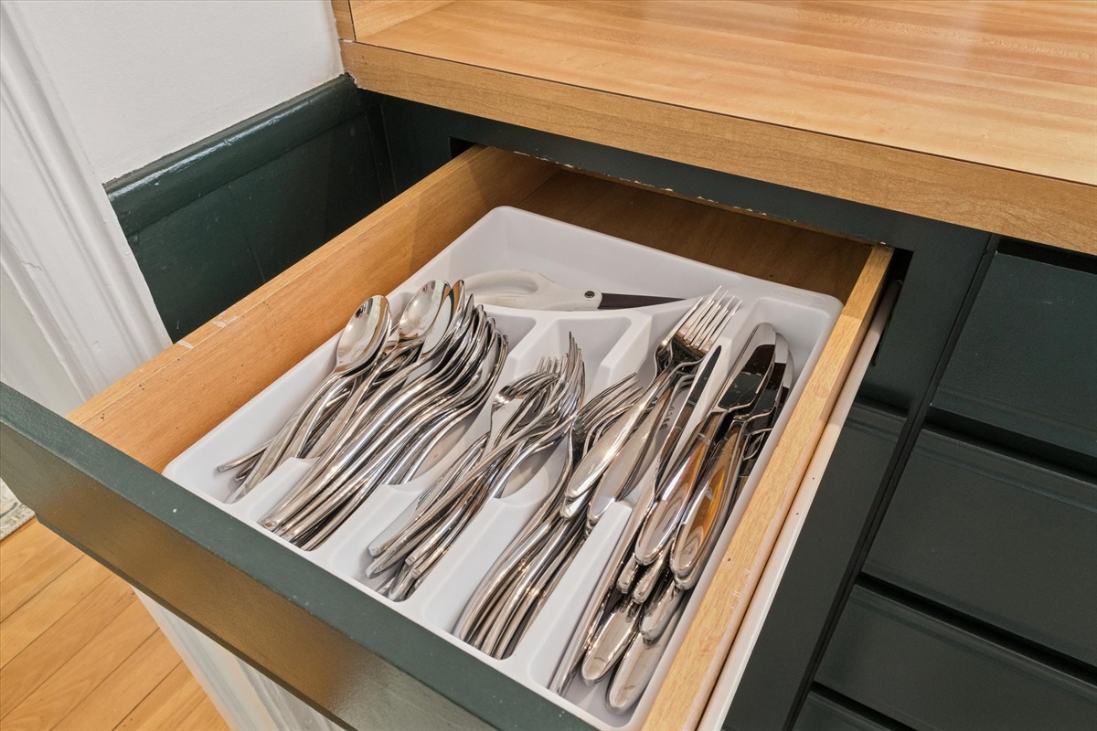 Plentiful and ready for the weekend—our South Bend guest retreat silverware drawer is stocked with flatware for every meal, from cozy breakfasts to alfresco dinners near Notre Dame.