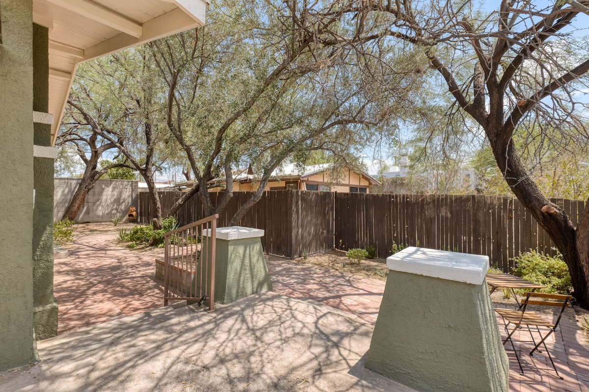 mature Olive and Mesquite trees on side patio