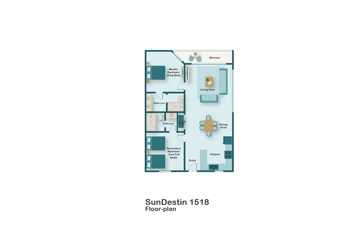 Floor plan for SunDestin 1518. This 15th Floor 2BR/2BA condo at SunDestin is totally remodeled and features new furniture, kitchen, bathrooms, and best of all, panoramic views from the floor-to-ceiling windows and balcony.