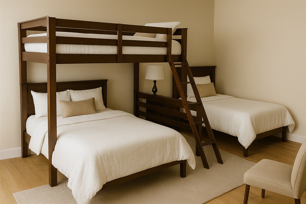 A double bunk plus a twin bed with space for all to feel at home!