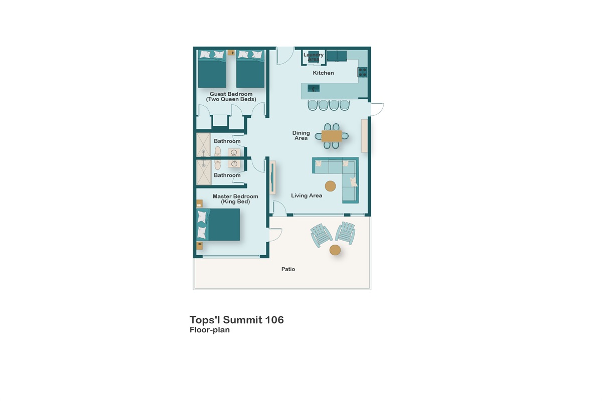 Floorplan for Tops'L Summit 106! This Spacious, Fully-Remodeled Condo is Professionally Designed, near the Resort's Private Beach, Fully-Stocked, and offers access to a heated pool and hot tub!
