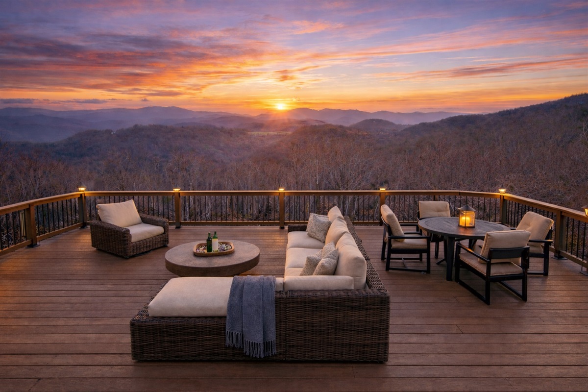 Lower level of the expansive deck, just steps from the firepit and hot tub—designed for relaxing, gathering, and taking in the mountain views.