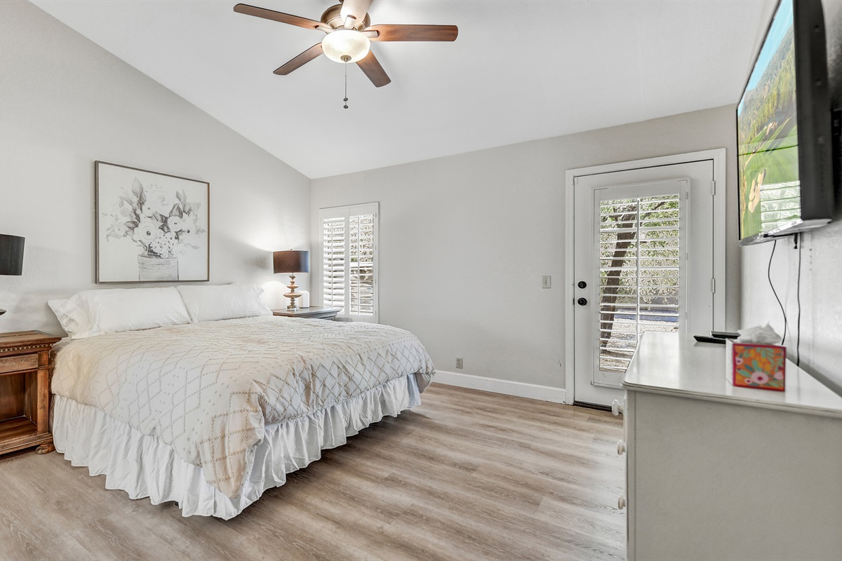 King Bed and Television in Master Newer Mattress July 24