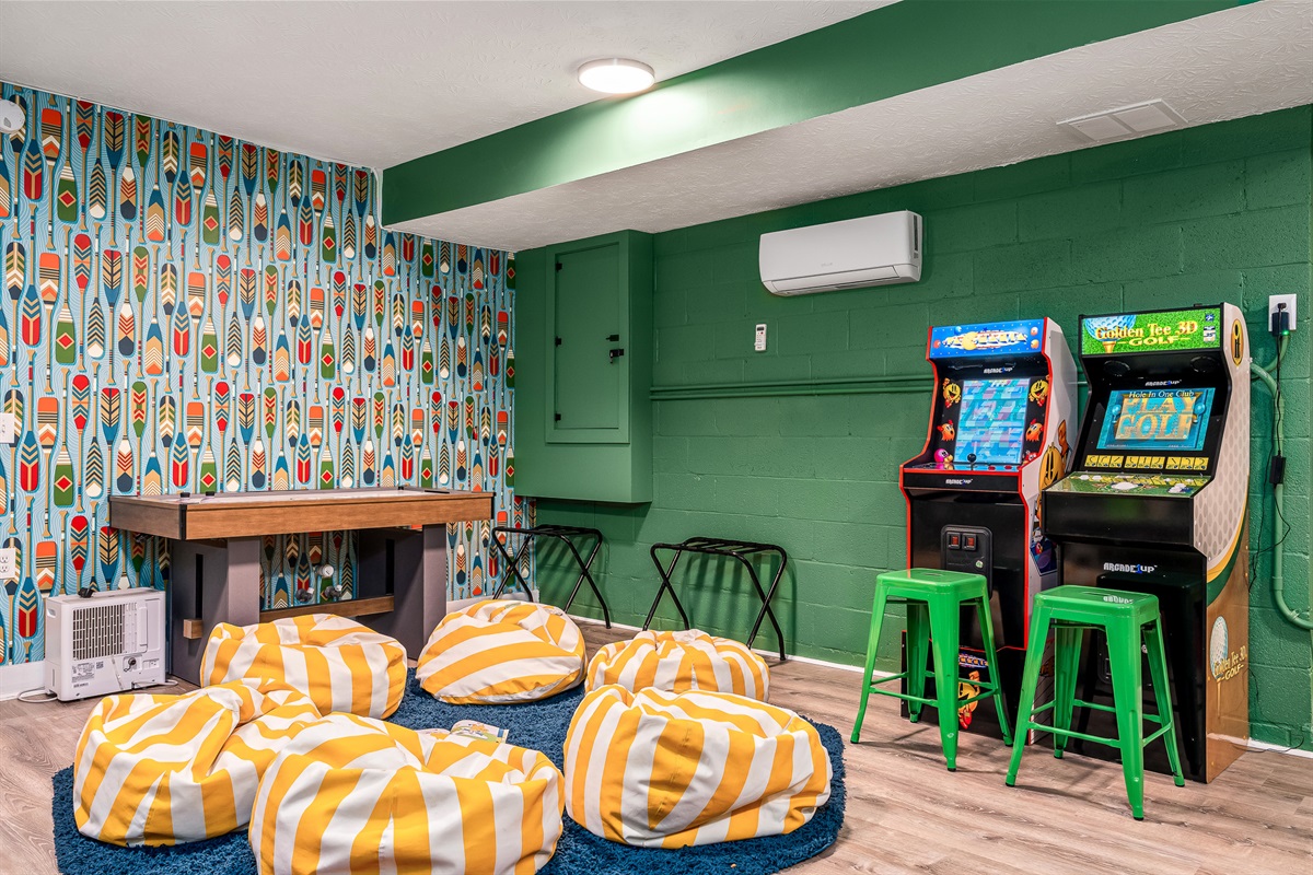 Old-school arcade fun meets cozy movie-night vibes. Perfect for rainy days or kiddo downtime after adventures.