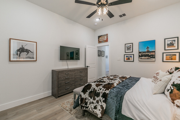 The Rodeo Room with queen bed, smart TV, ceiling fan and clothing storage