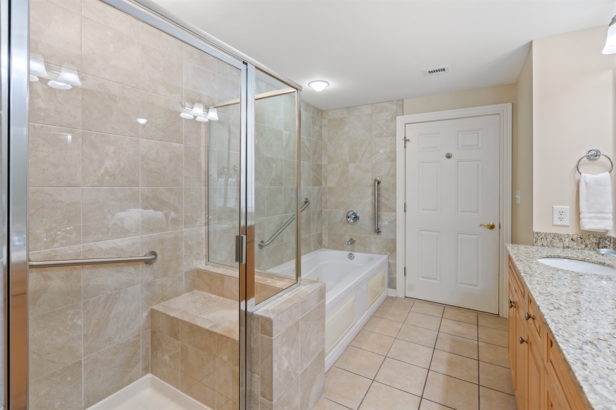 Main Bathroom - Large Tub and Walk-in Glass Shower
