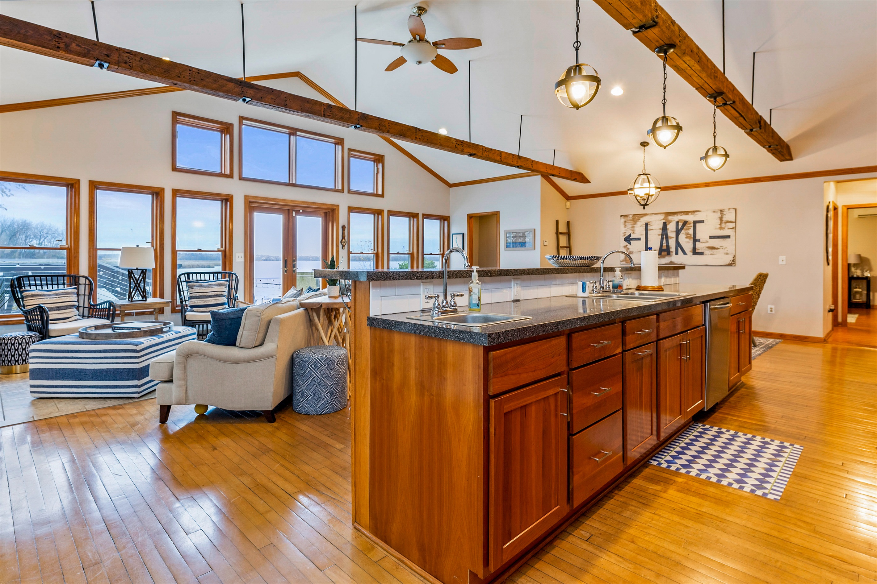 Open concept kitchen, dining and living space