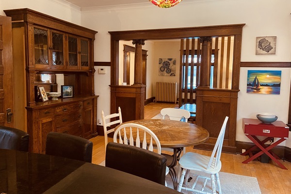 Dining area overlooking living room.