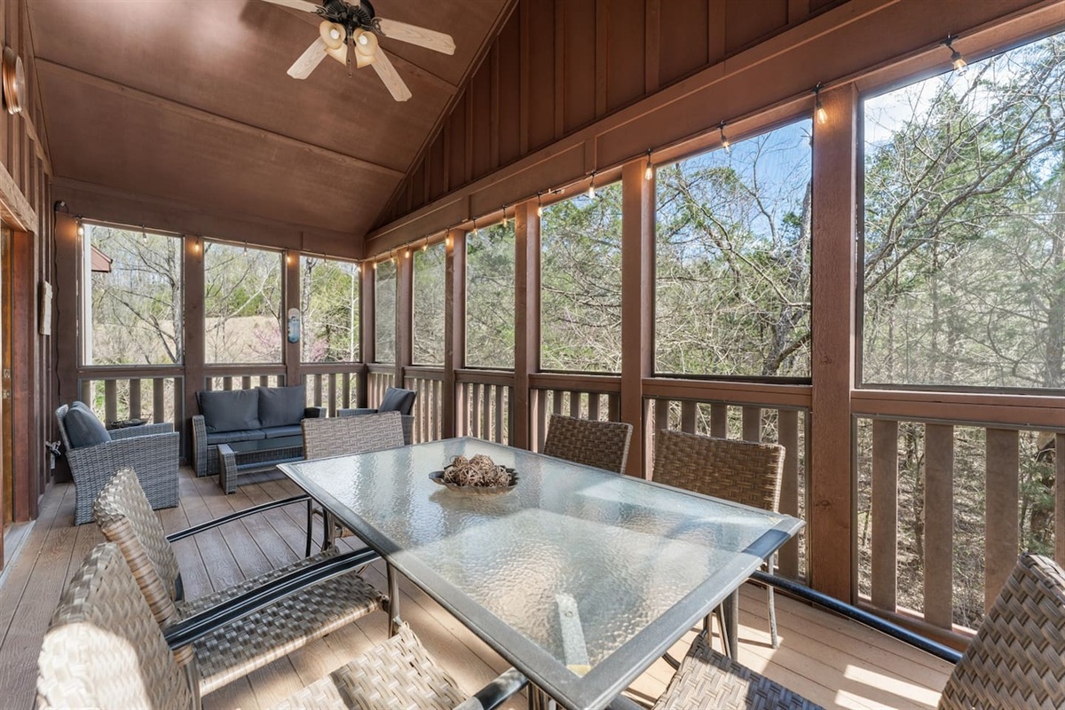 One of our favorite spots in the cabin: the screened porch. Enjoy dinner, morning coffee or an evening together surrounded by the woods. You can even hear the creek running after a good rain.