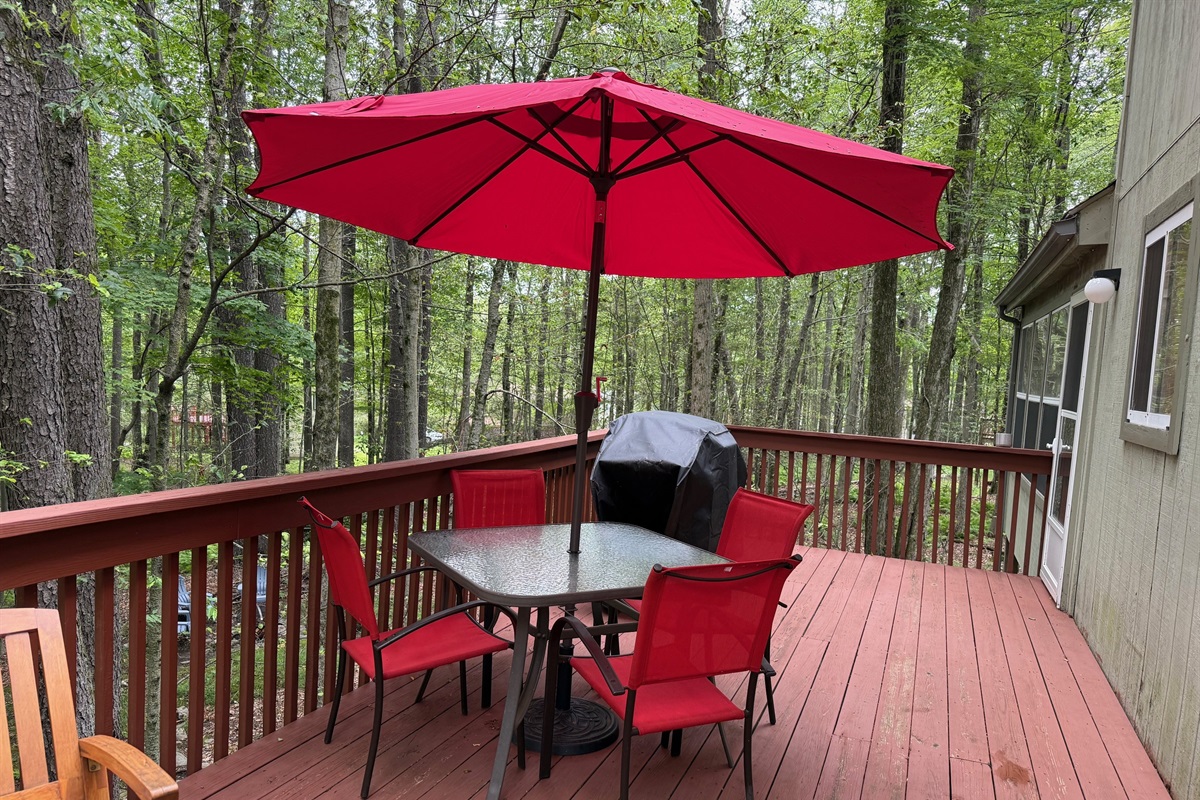 Tables, seating and BBQ on deck