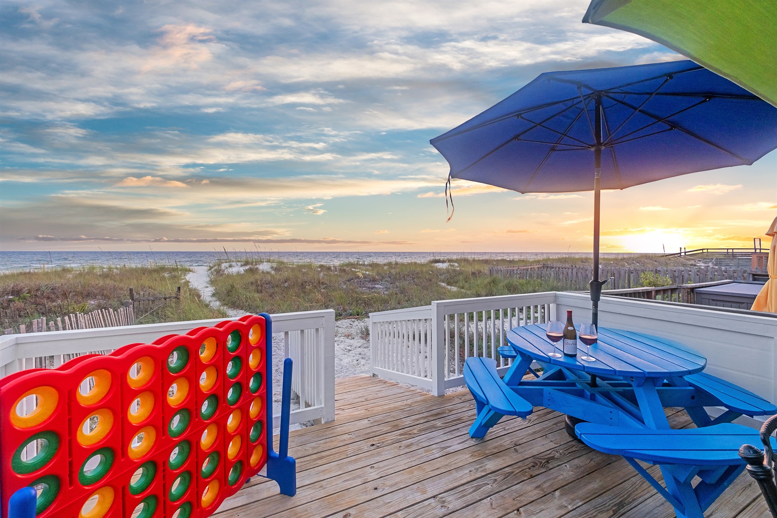 Enjoy a beachfront deck with games and stunning ocean views. Perfect for family fun and relaxation.