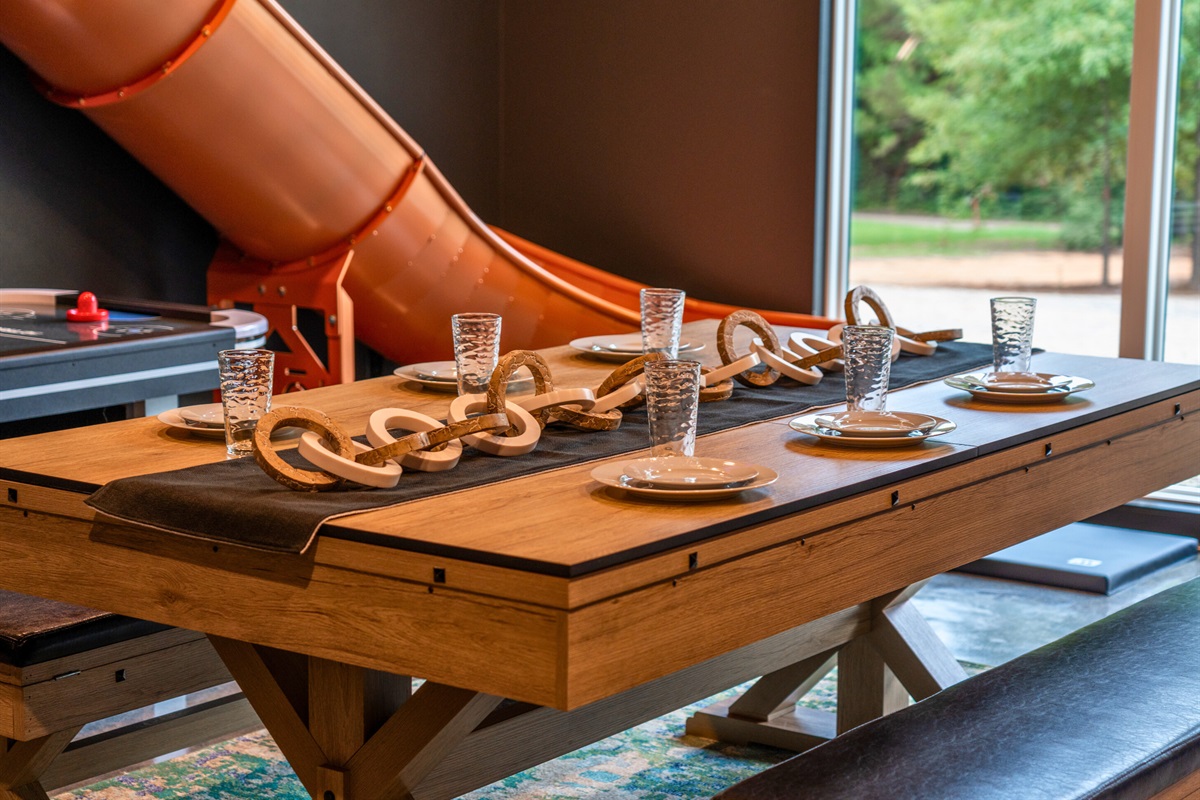 This game table converts into a dining table for those that like to have a sit down dinner indoors