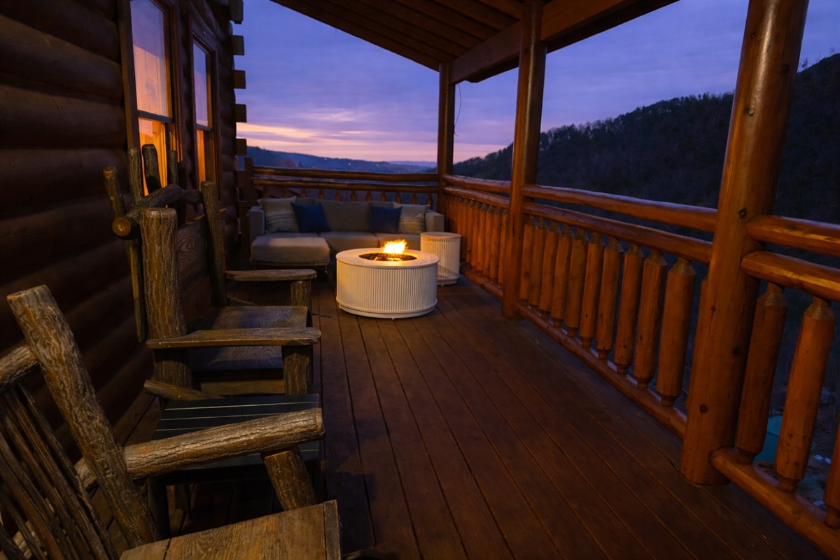 Rock, relax, and gather around the fire as the mountains settle into evening.