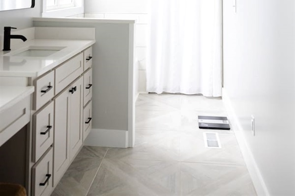 Master bathroom has private water closet, makeup vanity, two sinks, a bathtub, and a large walk-in shower with two shower heads. Amazing water pressure!