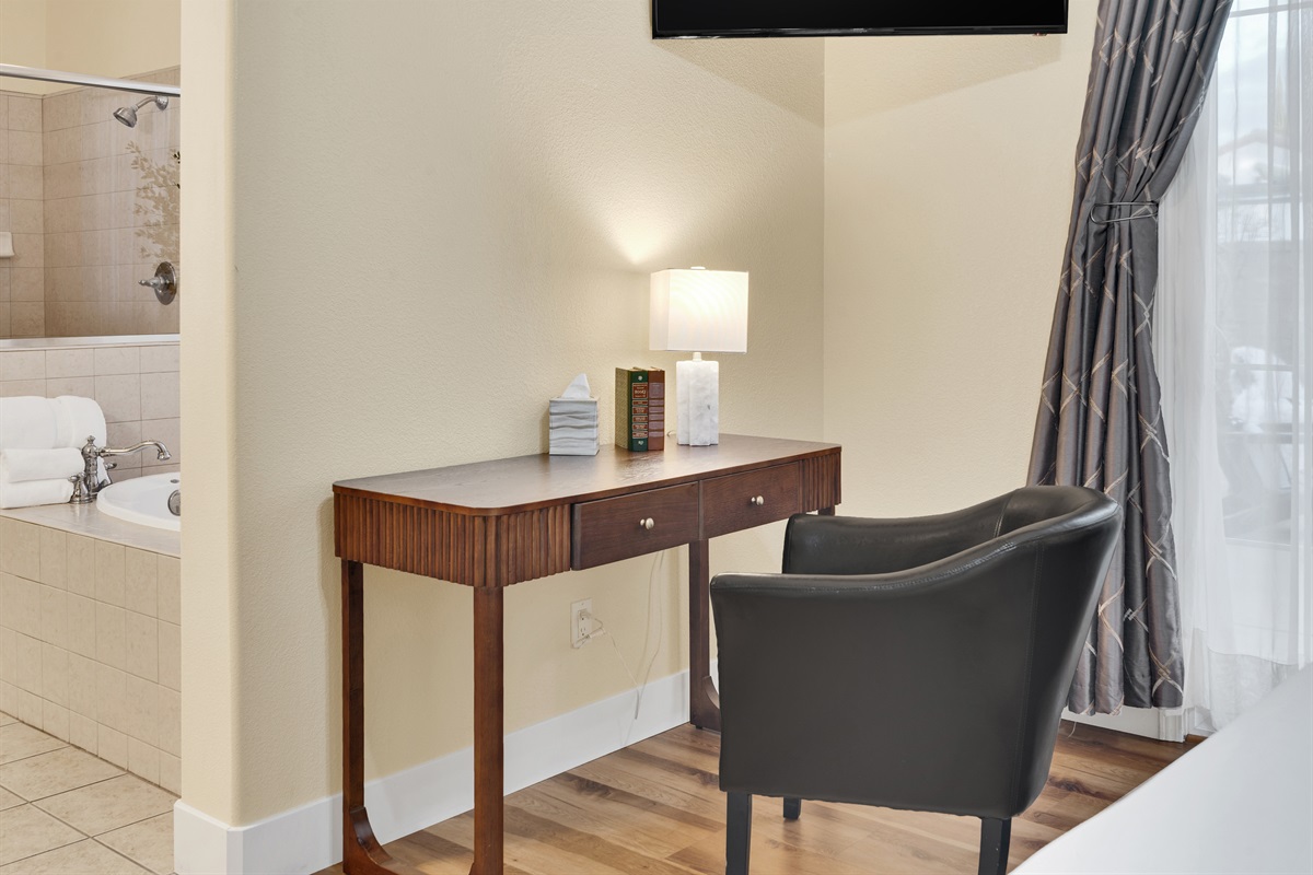 Comfortable desk space available for remote work.