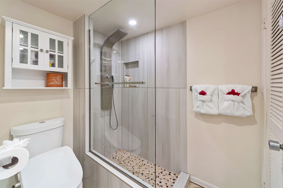 Large shower and vanity in the guest bathroom