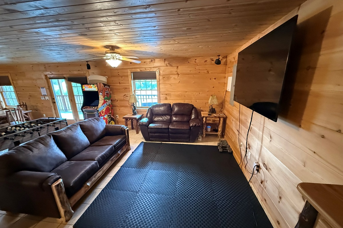 Very Large  Screen Smart TV, 2 sofas (one is a sleeper sofa) with cushioned exercise mat