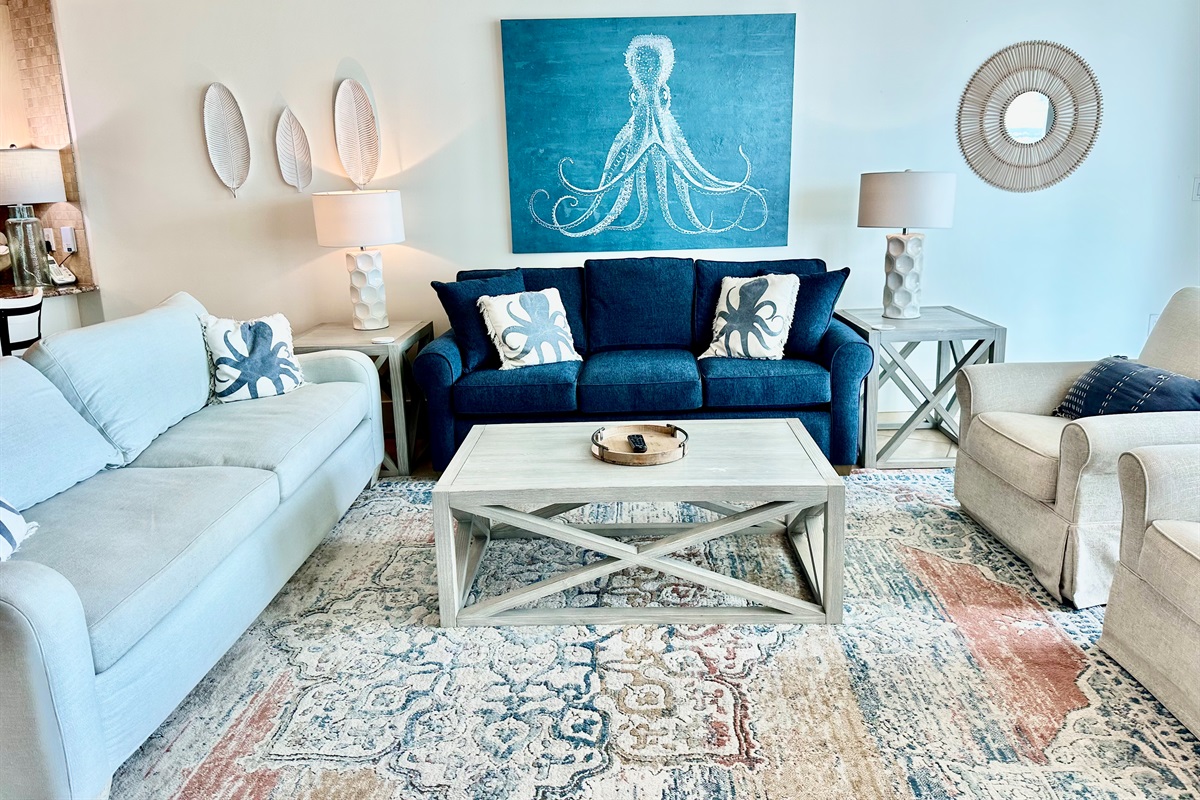 New queen sofa sleeper in this spacious living room!