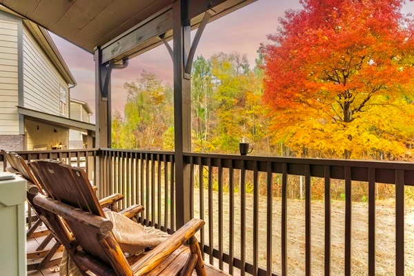 Overlooking the peekaboo mountain view from the deck, this spot is perfect for morning coffee or evening relaxation, surrounded by vibrant fall colors and crisp fresh air. A peaceful place to unwind and connect with nature.