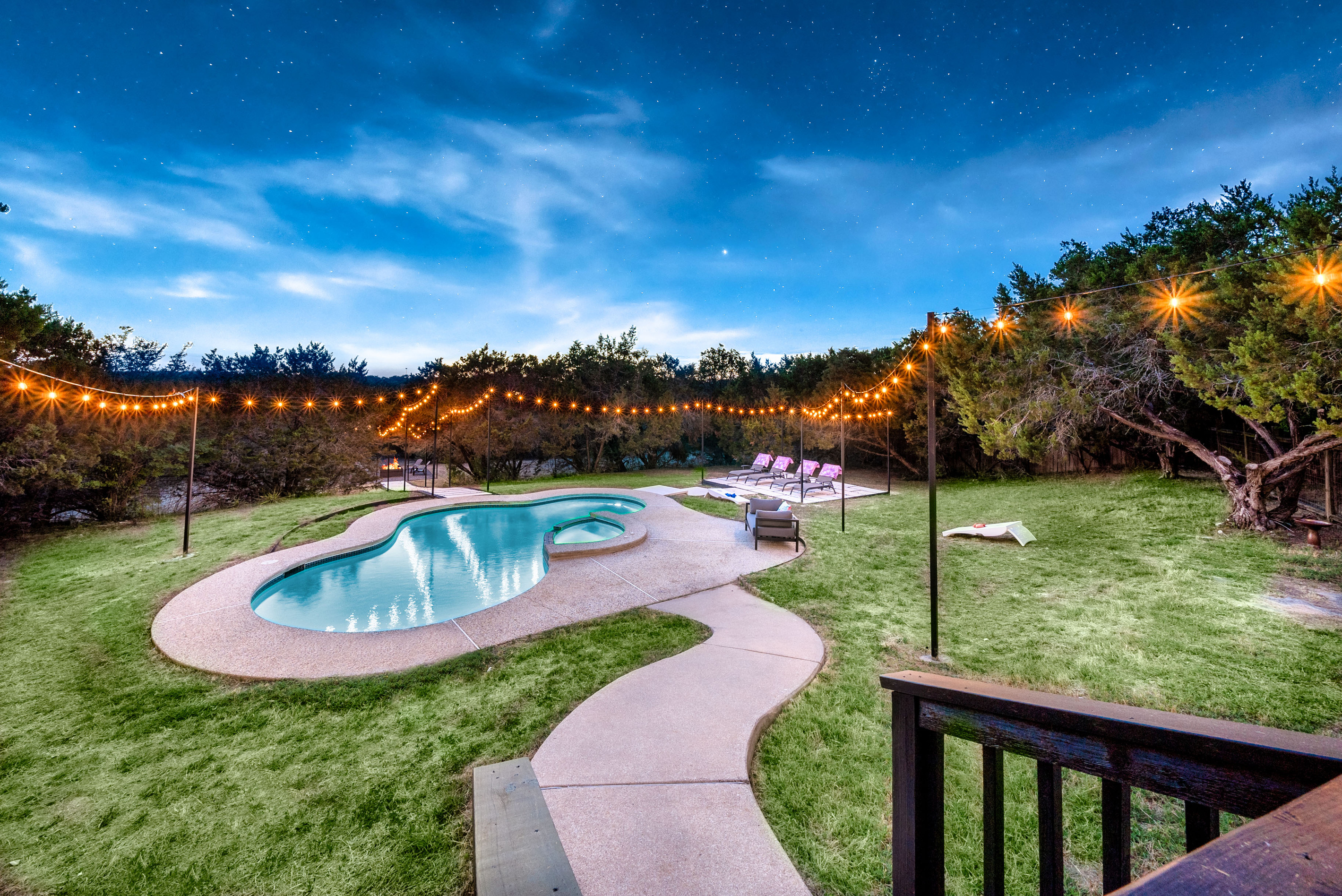 Winding path leads guests down to the private pool below.