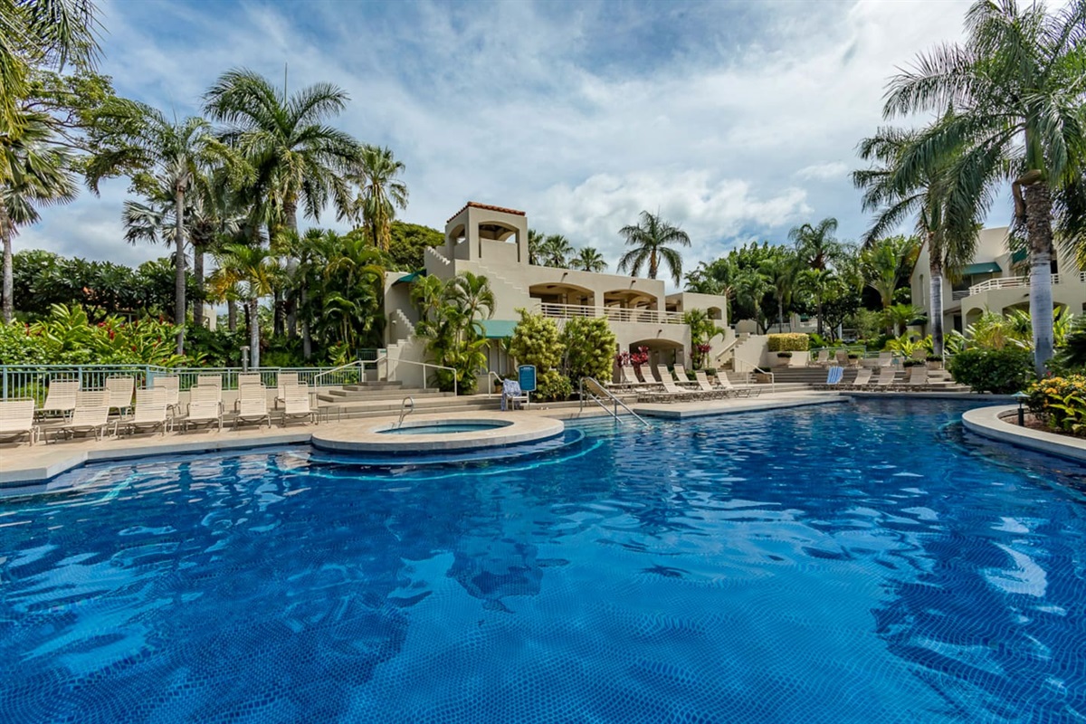 looking from the pool up at the club house