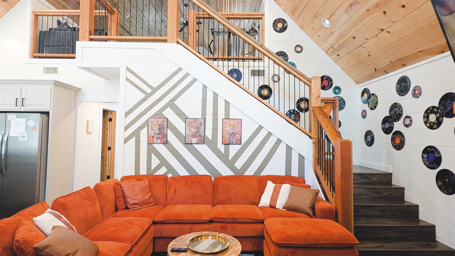 Boots + Beats | Living room. This is the second cabin included with the combined booking.