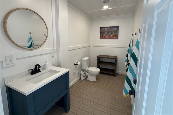 No need to head upstairs-the lower level has its own bathroom and showers. Bonus!