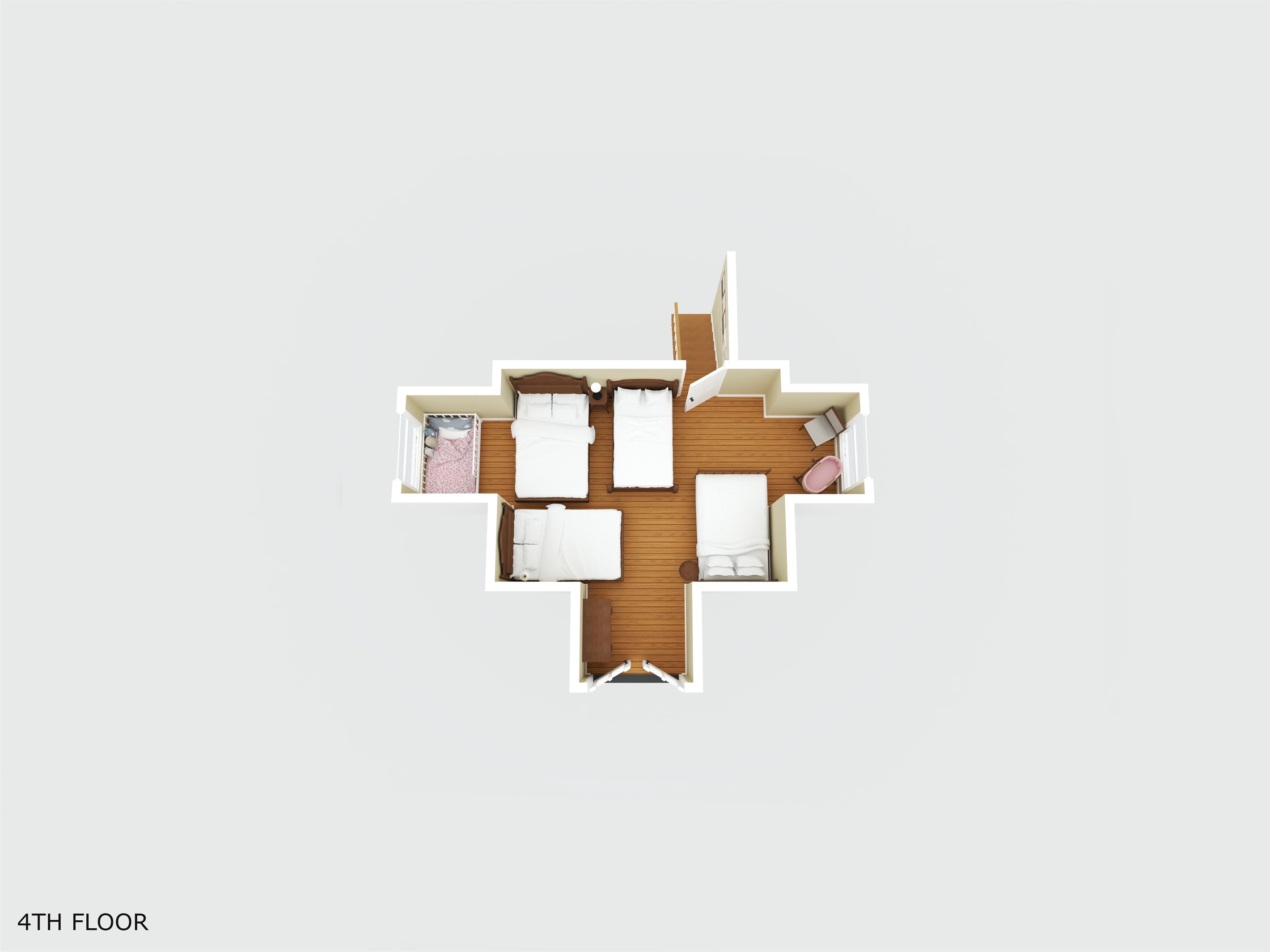 The Upstairs "Front Room" off the 2nd Floor.  This room includes three Twin beds, a Full bed and a childs bed.