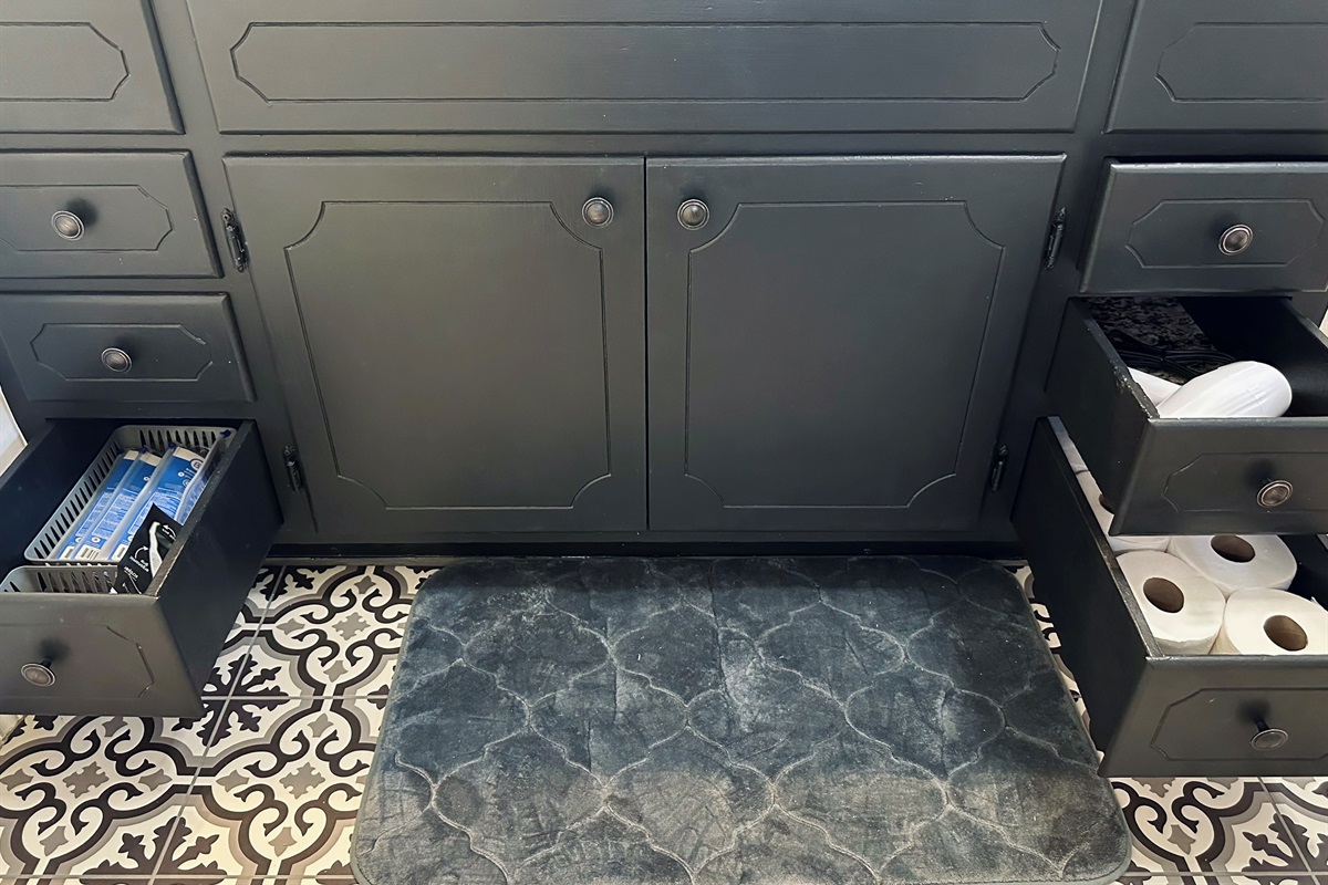 Bathroom drawers thoughtfully stocked with extra toilet paper, a hair dryer and everyday personal care items, including floss picks, toothbrushes, toothpaste, and a lint roller—perfect for quick touch-ups and hassle-free mornings.