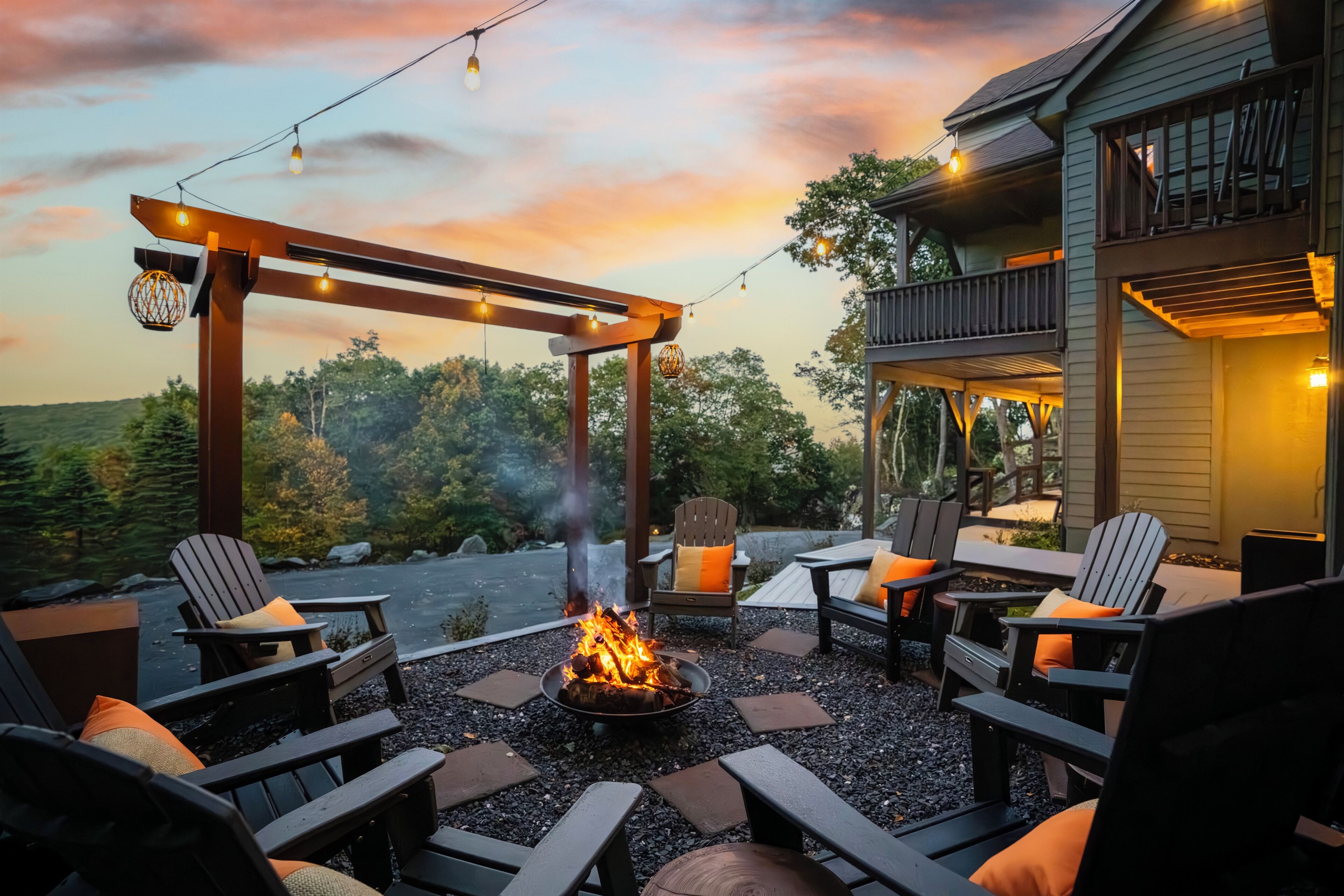 Firepit area, shown here with projector screen retracted
