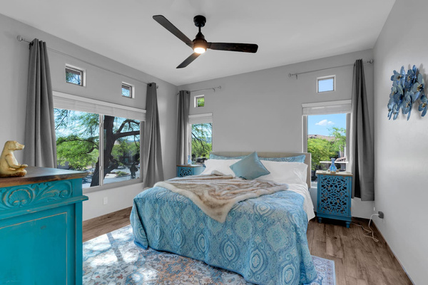 Luxurious king bedroom with with gorgeous views, smart-TV, and private bathroom.