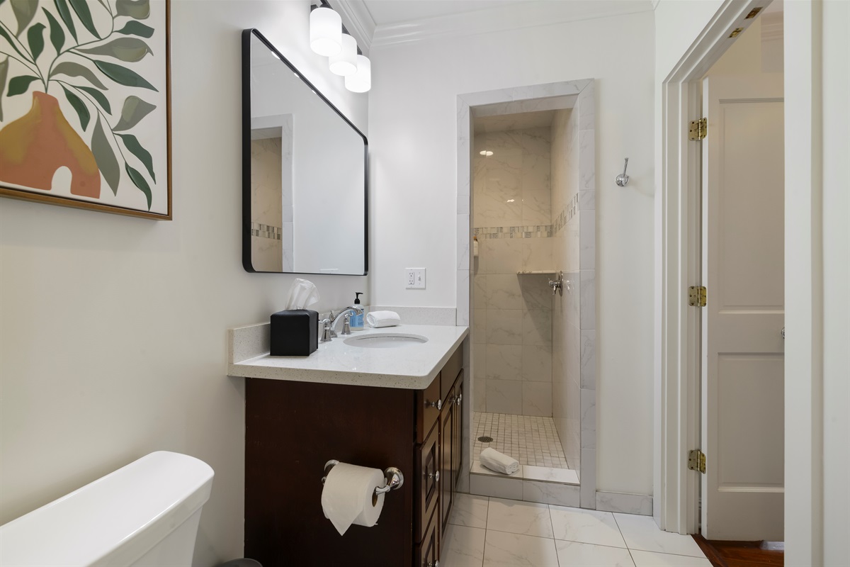 Bathroom of the Shorty Guest House with Tub and Walk-In Shower