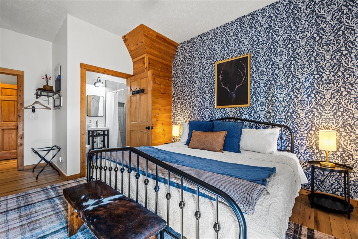 The king suite (downstairs) has a private bathroom with walk in shower.