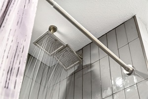A bathroom featuring an overhead shower, providing a soothing and immersive rainfall-like experience for ultimate relaxation.