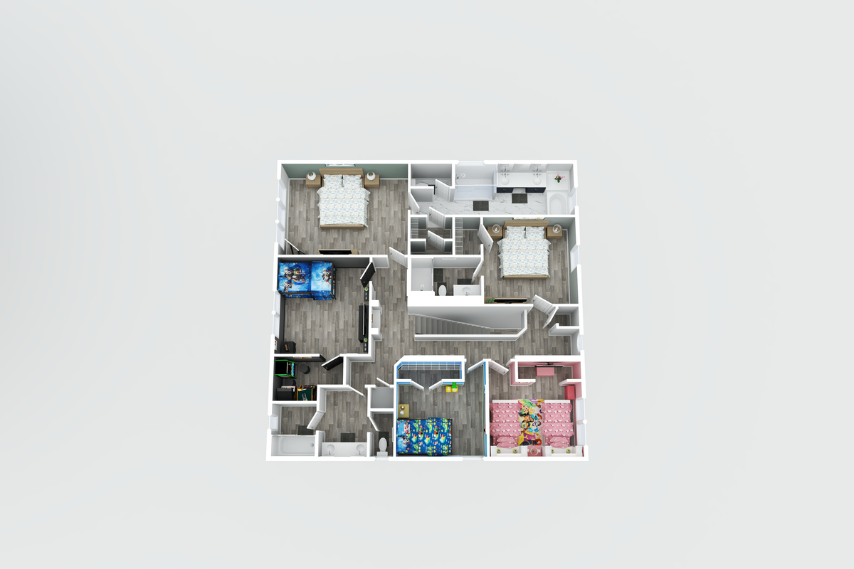 Second floor plan (3D): primary king suite, second king en-suite, Mandalorian bunk room, Mario bunk room, Princess twin room, hall bath