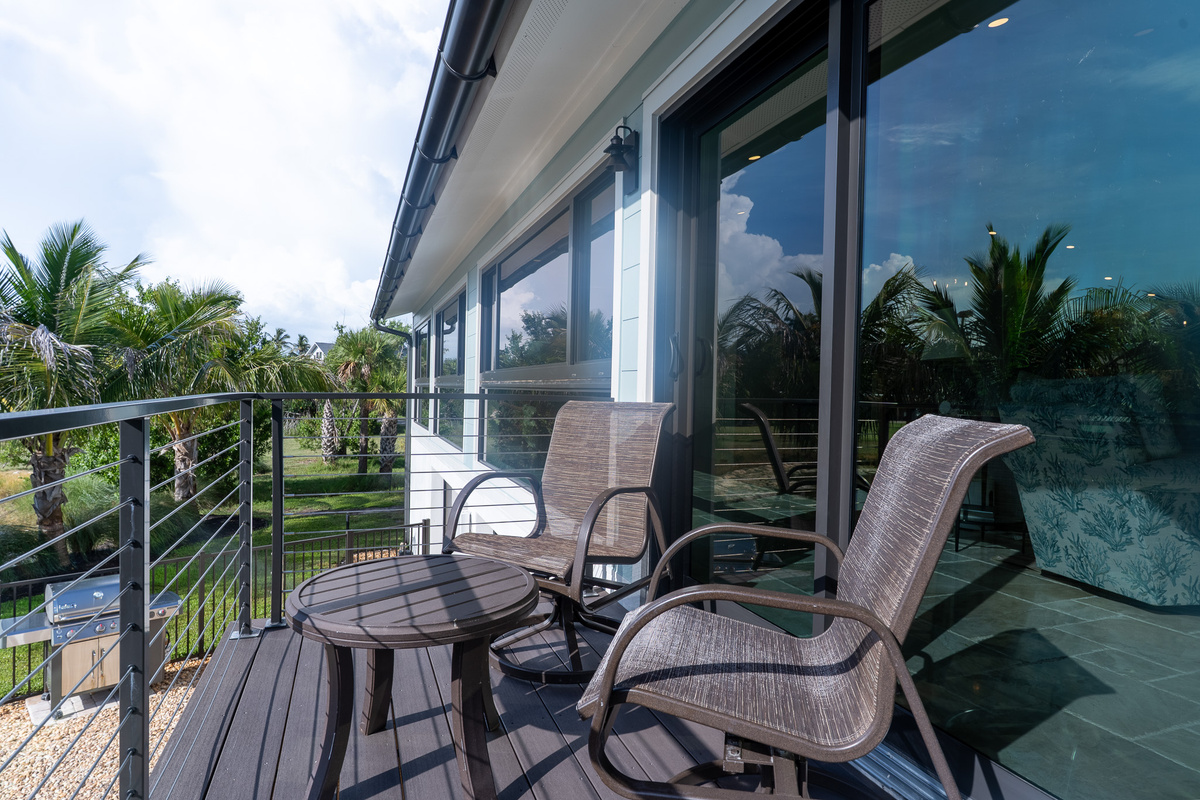 Deck seating overlooking pool