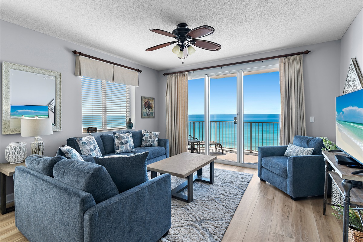 8th Floor, Corner-Unit Condo offers expansive views from multiple angles of sugary white sands and crystal clear waters of the Emerald Coast + Stunning Sunsets!
