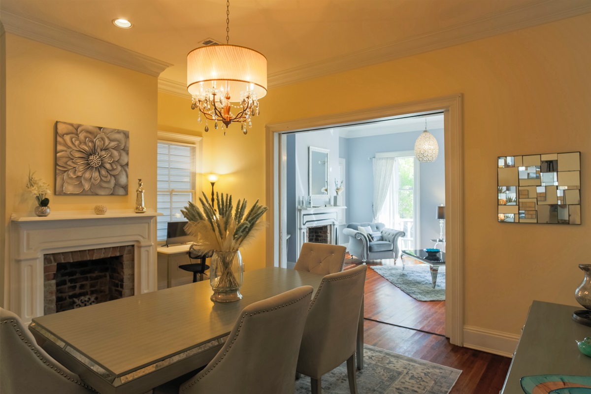 Bright and welcoming, the dining room flows easily into the kitchen and living spaces.