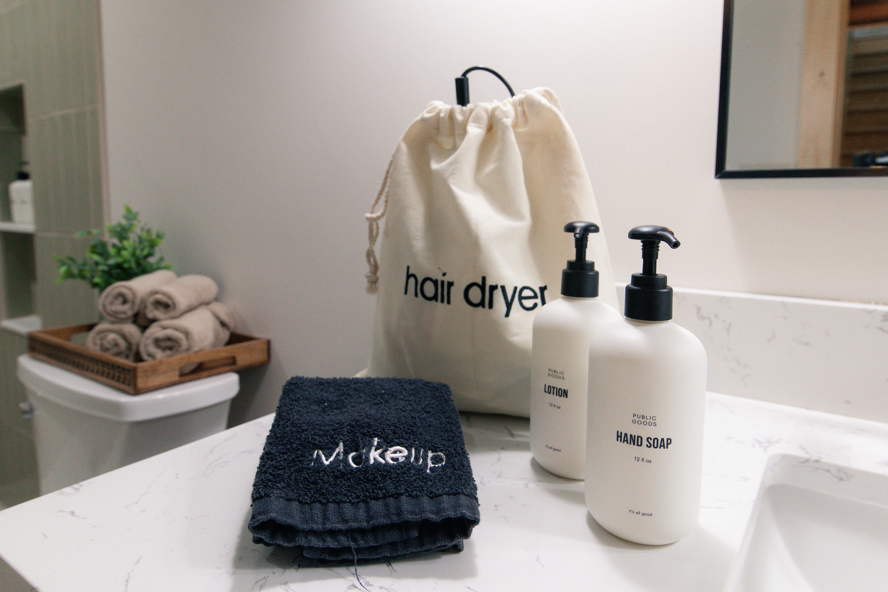 All of our bathrooms include Public Goods hand soap and lotion, makeup towels, and hair dryer.